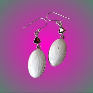 Vintage stamped 925 sterling silver garnet & scolecite (?) dangle earrings